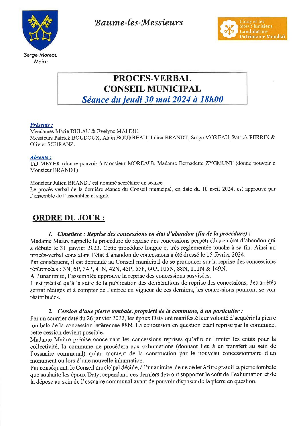 Procès-verbal  le jeudi 30 mai 2024